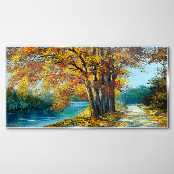 Autumn alley by the river Glass art print