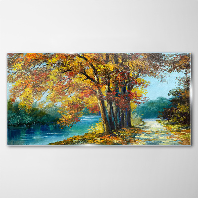 Autumn alley by the river Glass art print