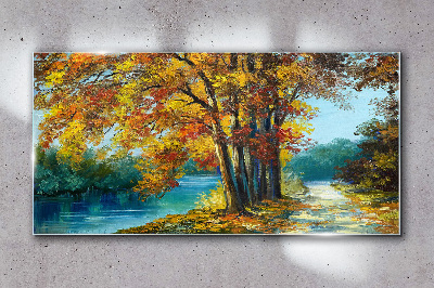 Autumn alley by the river Glass art print