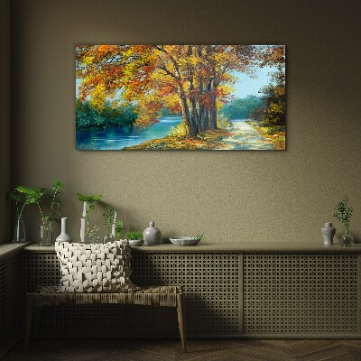 Autumn alley by the river Glass art print
