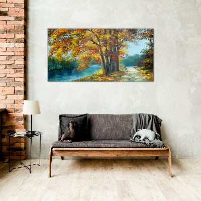Autumn alley by the river Glass art print