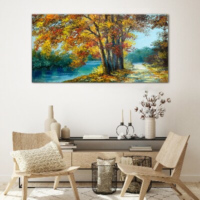 Autumn alley by the river Glass art print