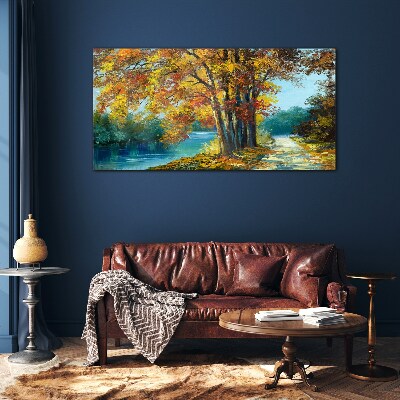Autumn alley by the river Glass art print