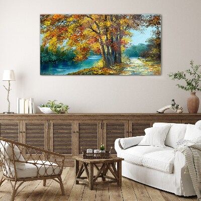 Autumn alley by the river Glass art print
