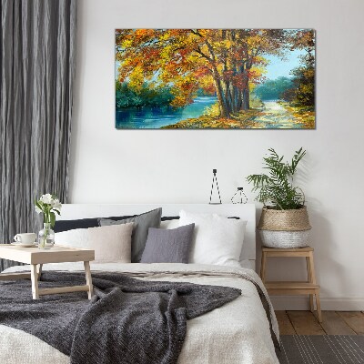 Autumn alley by the river Glass art print