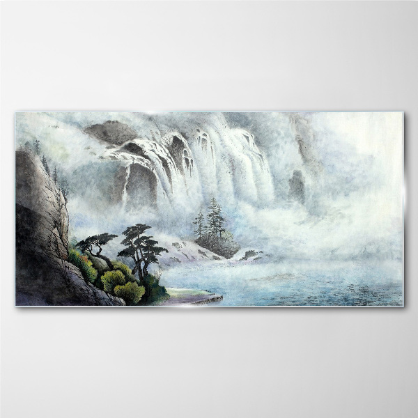 Waterfall in a mystical landscape Glass art print