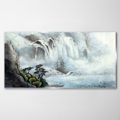 Waterfall in a mystical landscape Glass art print