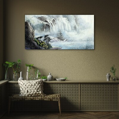 Waterfall in a mystical landscape Glass art print