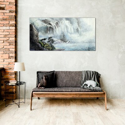 Waterfall in a mystical landscape Glass art print