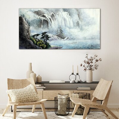 Waterfall in a mystical landscape Glass art print