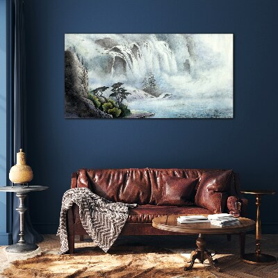 Waterfall in a mystical landscape Glass art print
