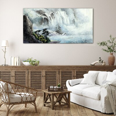 Waterfall in a mystical landscape Glass art print