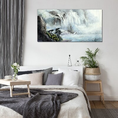 Waterfall in a mystical landscape Glass art print