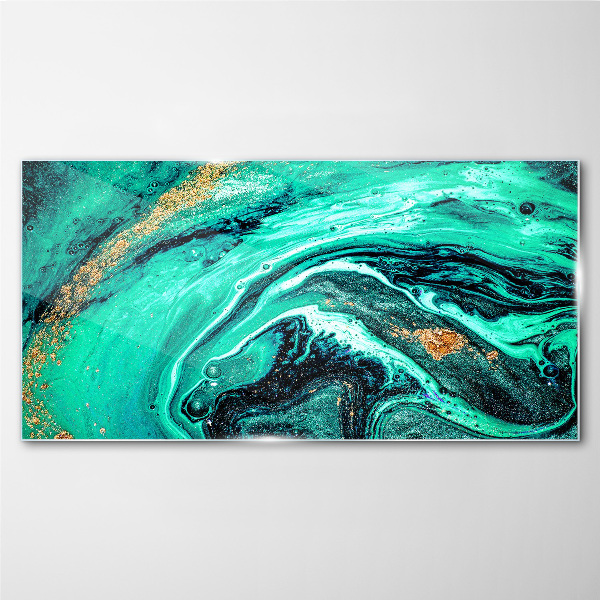 Turquoise waves with gold accents Wall art on glass