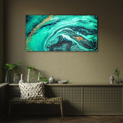 Turquoise waves with gold accents Wall art on glass