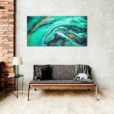Turquoise waves with gold accents Wall art on glass