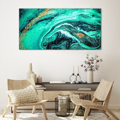 Turquoise waves with gold accents Wall art on glass