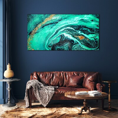 Turquoise waves with gold accents Wall art on glass