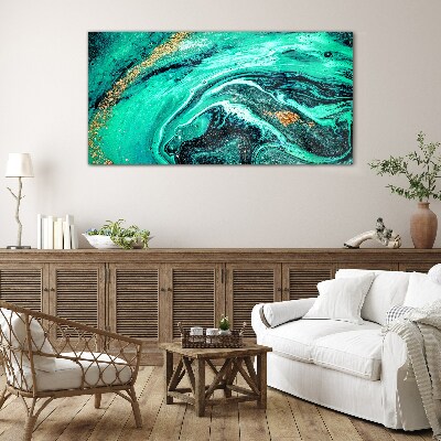 Turquoise waves with gold accents Wall art on glass