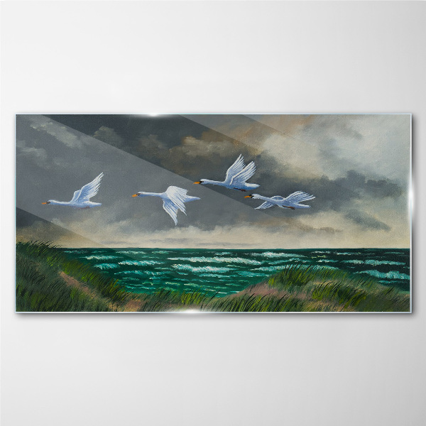 Flight of swans over the sea Wall art on glass