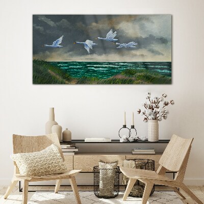 Flight of swans over the sea Wall art on glass
