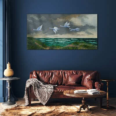 Flight of swans over the sea Wall art on glass