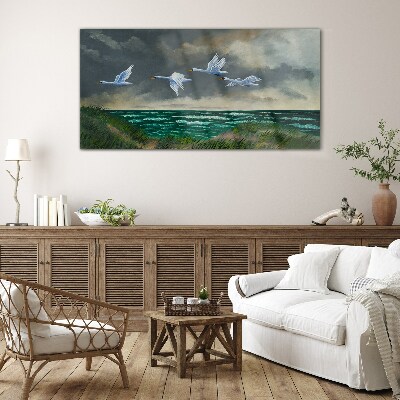 Flight of swans over the sea Wall art on glass