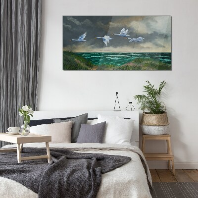 Flight of swans over the sea Wall art on glass