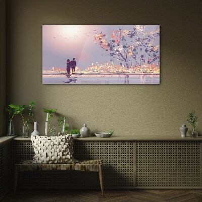 Romantic sunset walk Glass art print