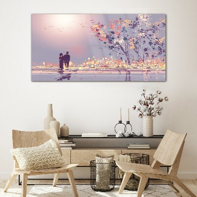 Romantic sunset walk Glass art print