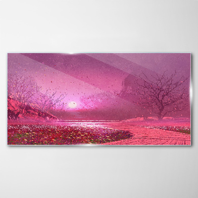 Pink fog over the spring landscape Glass art print