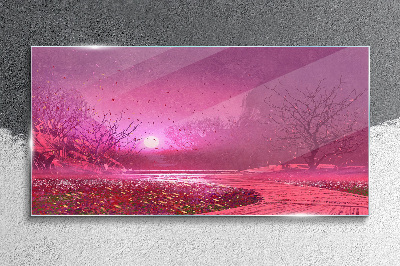 Pink fog over the spring landscape Glass art print