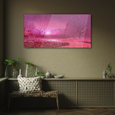 Pink fog over the spring landscape Glass art print