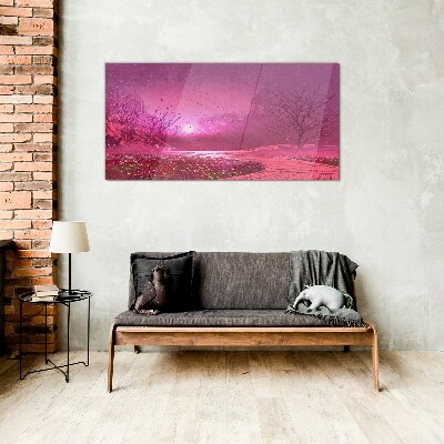Pink fog over the spring landscape Glass art print