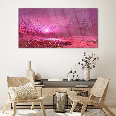 Pink fog over the spring landscape Glass art print
