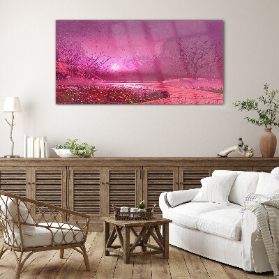 Pink fog over the spring landscape Glass art print