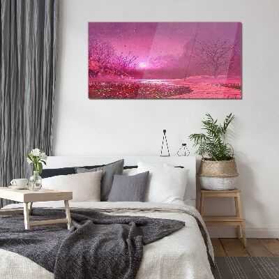 Pink fog over the spring landscape Glass art print