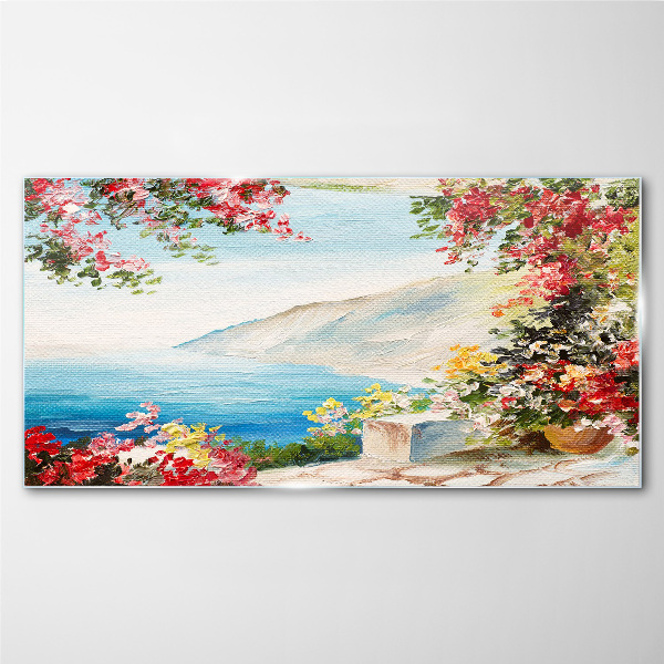 Summer seaside landscape with flowers Glass art print