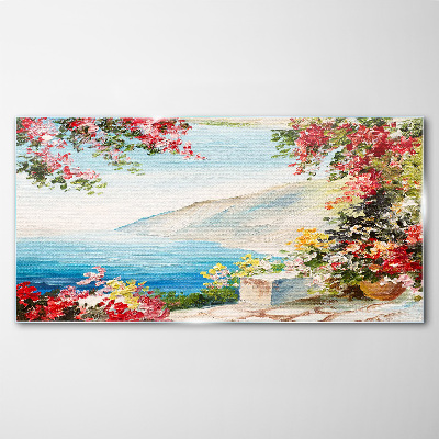 Summer seaside landscape with flowers Glass art print