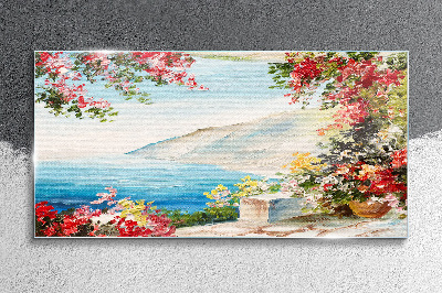 Summer seaside landscape with flowers Glass art print