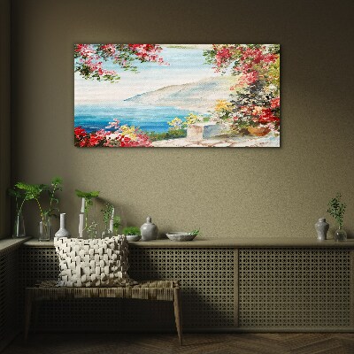 Summer seaside landscape with flowers Glass art print