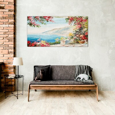 Summer seaside landscape with flowers Glass art print