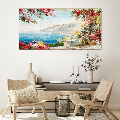 Summer seaside landscape with flowers Glass art print