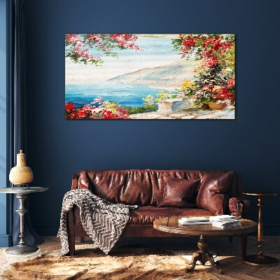 Summer seaside landscape with flowers Glass art print