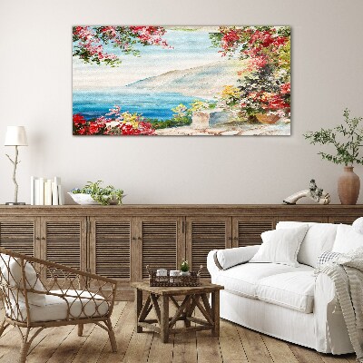 Summer seaside landscape with flowers Glass art print