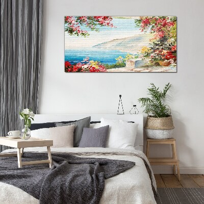 Summer seaside landscape with flowers Glass art print