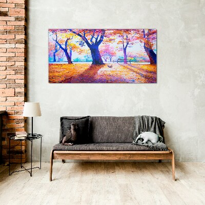 Autumn scenery in rainbow colors Glass art print
