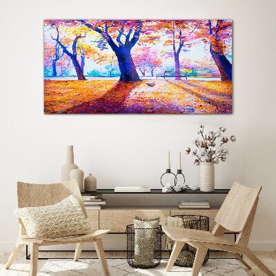 Autumn scenery in rainbow colors Glass art print