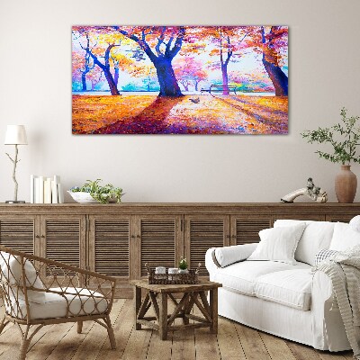 Autumn scenery in rainbow colors Glass art print