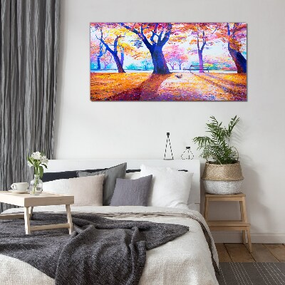 Autumn scenery in rainbow colors Glass art print